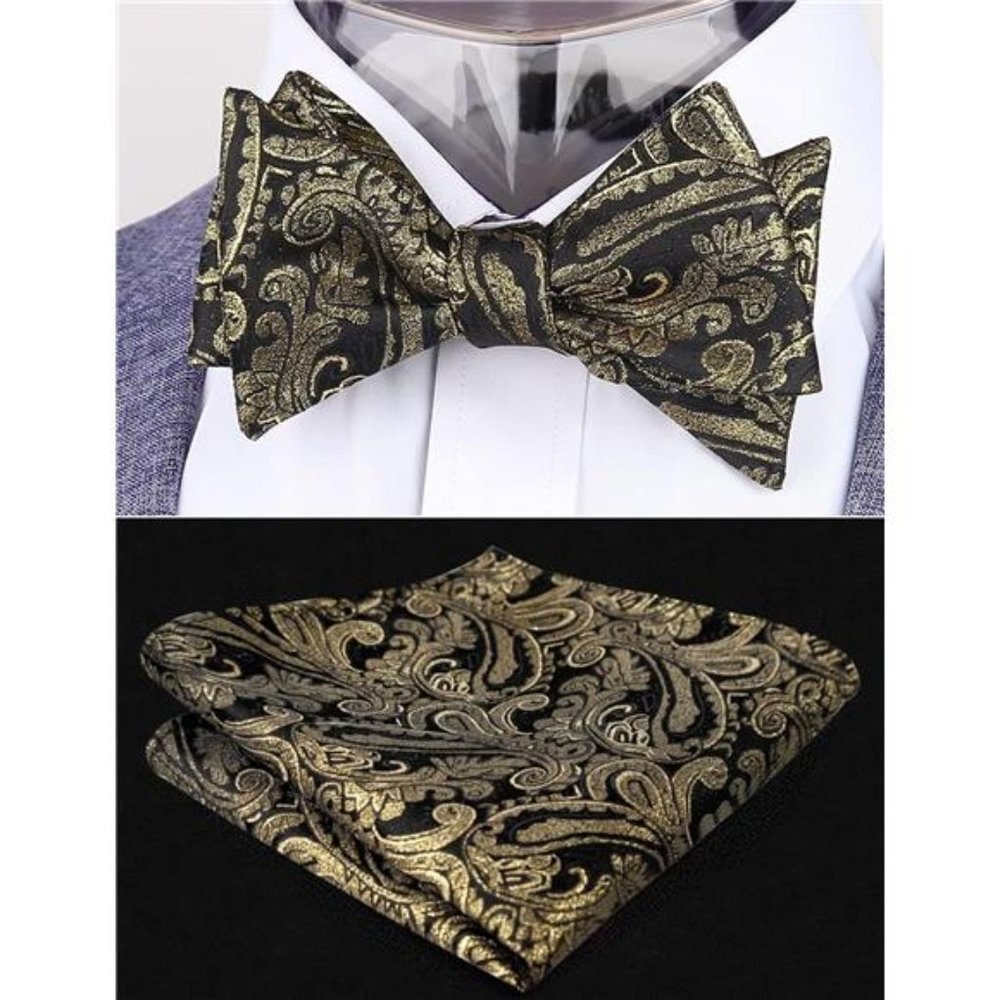 Mens Bow Tie, Pocket Square Set Gold Black